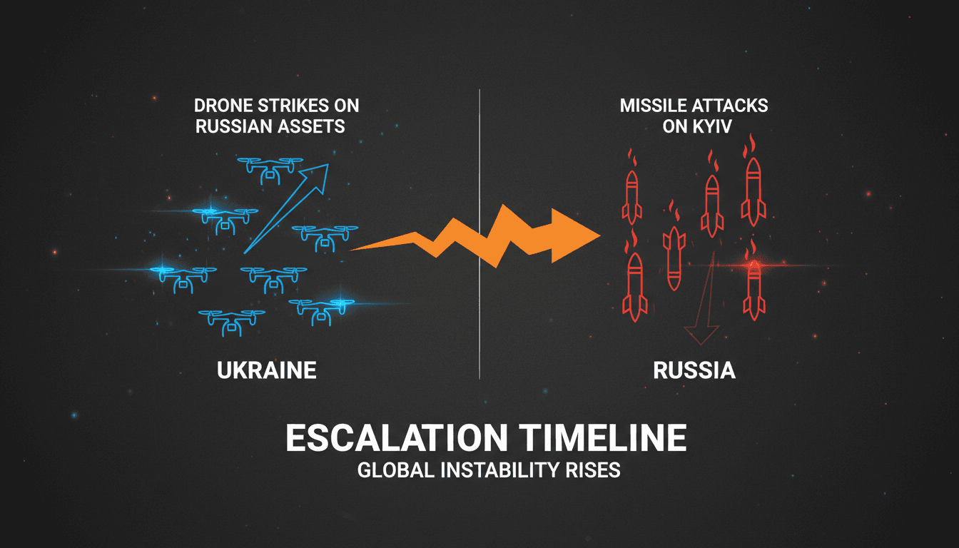 A dramatic image illustrating the escalation of military conflict between Ukraine and Russia.
