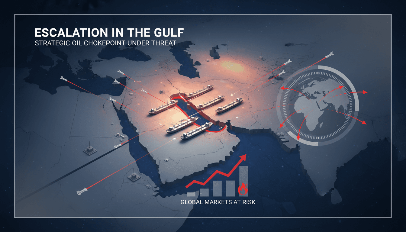 Map highlighting the Strait of Hormuz and military installations affected by U.S.-Iran tensions.