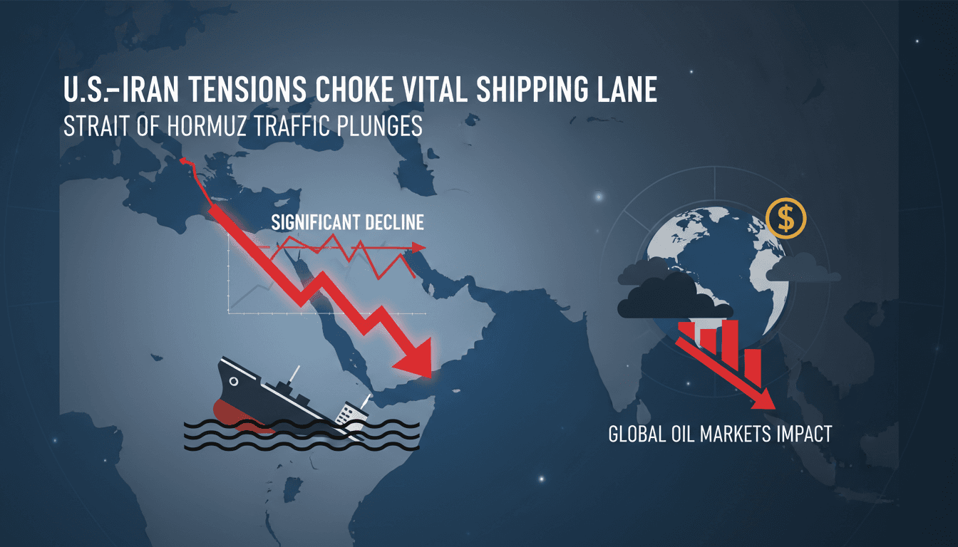 Illustration of maritime traffic decline in the Strait of Hormuz due to U.S.-Iran tensions.