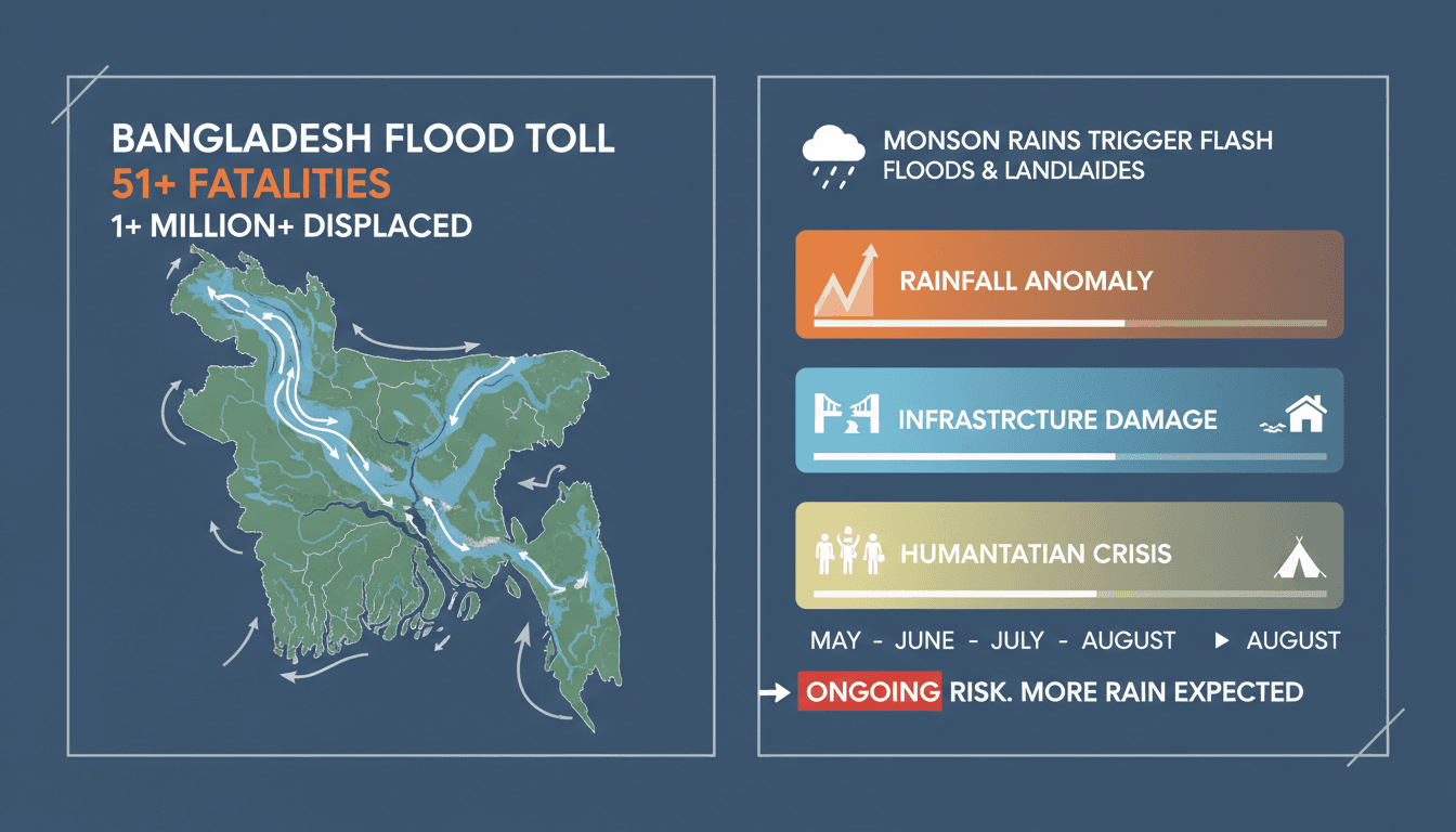 Aerial view of flood-affected areas in Bangladesh with submerged homes and displaced families.