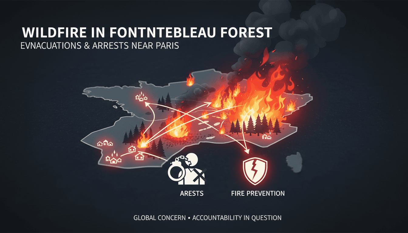 Firefighters battling a wildfire in Fontainebleau forest near Paris.