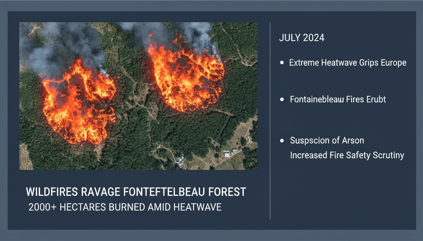 Aerial view of the Fontainebleau Forest wildfires showing extensive damage and smoke.