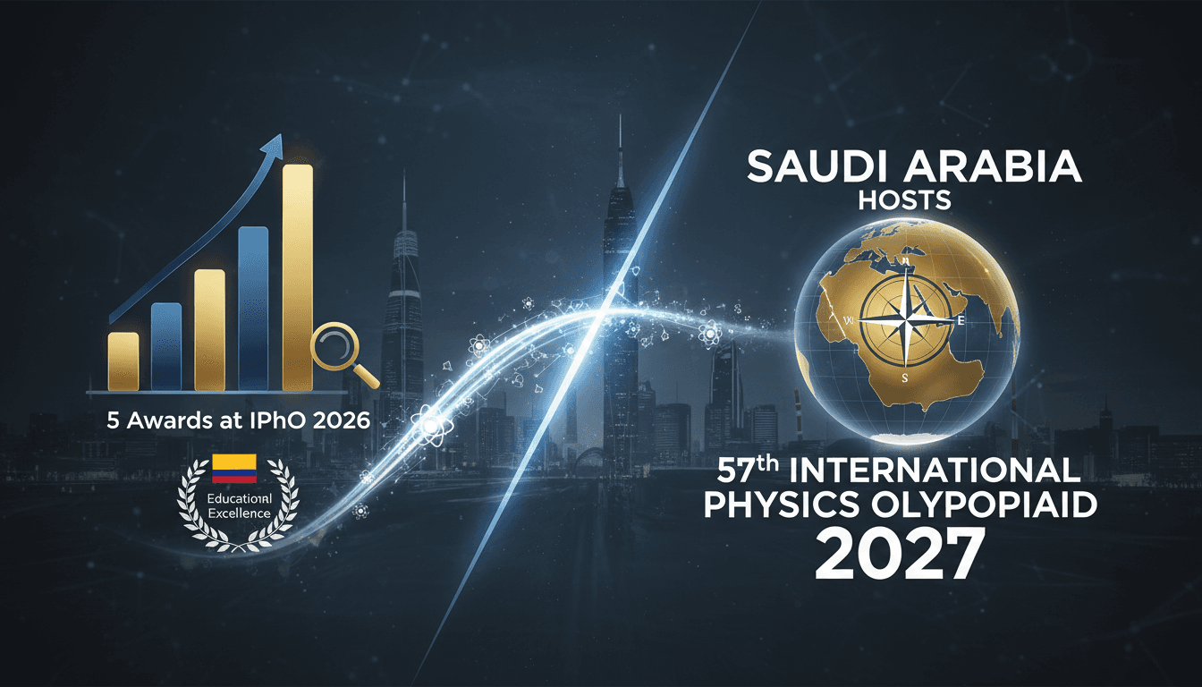 Saudi Arabia's flag with a backdrop of the International Physics Olympiad logo.