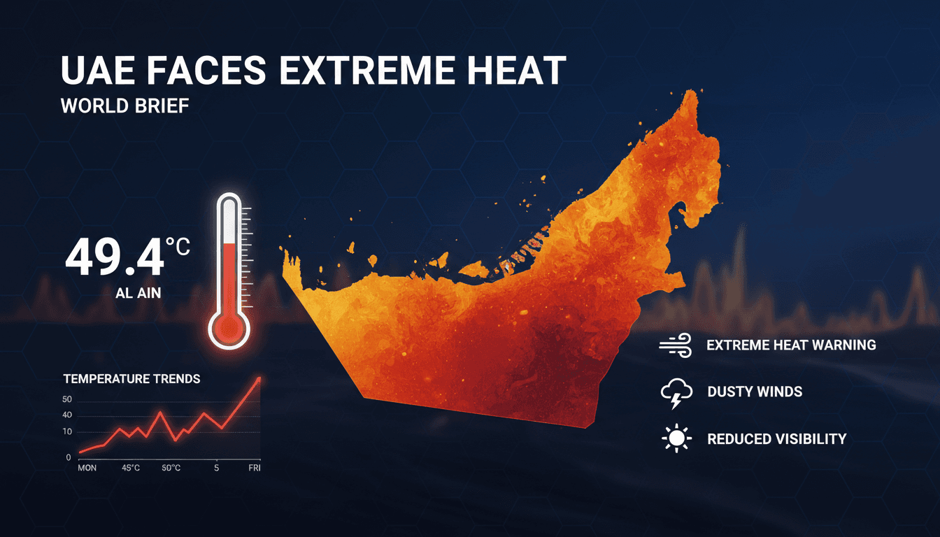 A heatwave graphic illustrating extreme temperatures in the UAE.