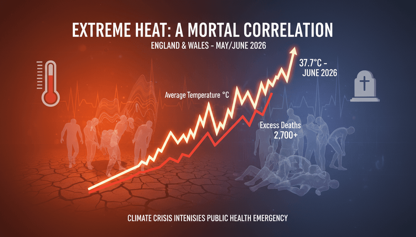 Graph showing the rise in temperatures and corresponding excess deaths during heatwaves in England and Wales.