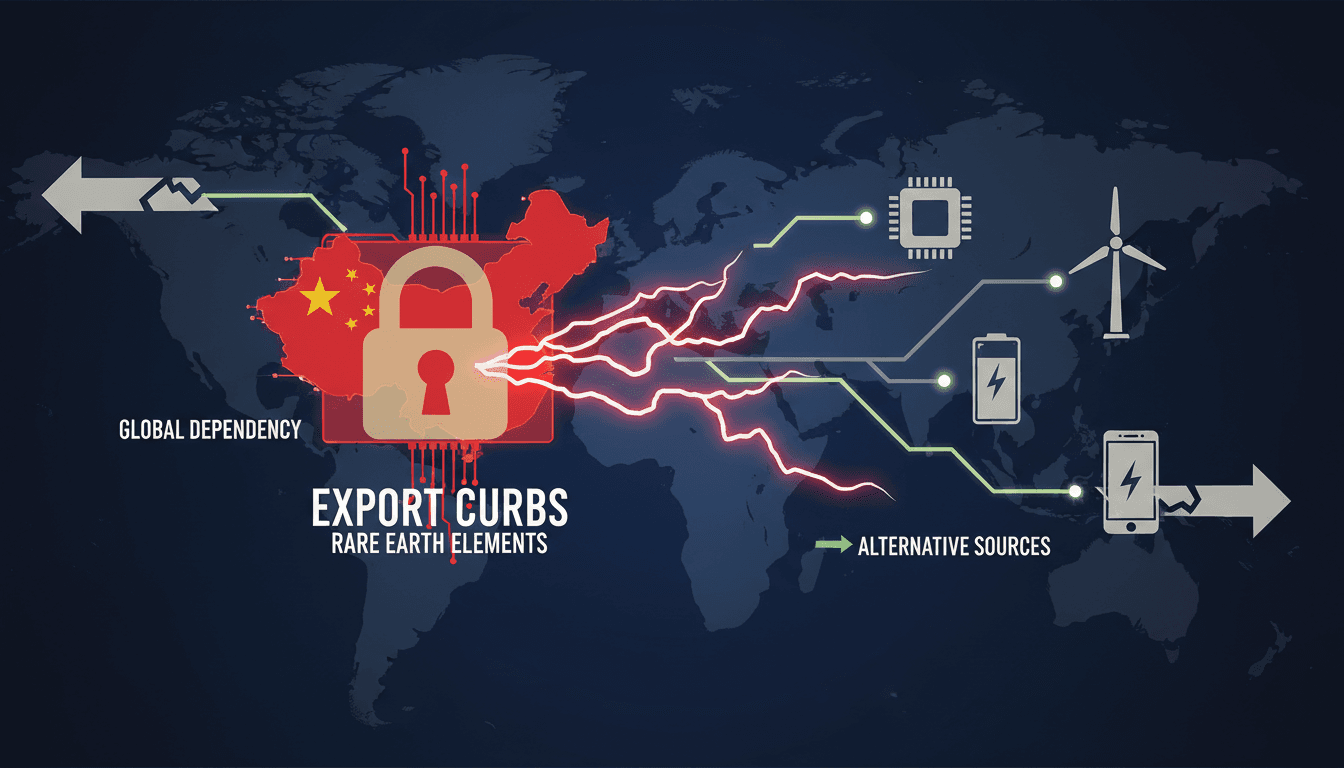 Illustration of global supply chain disruptions due to China's rare earth export controls.