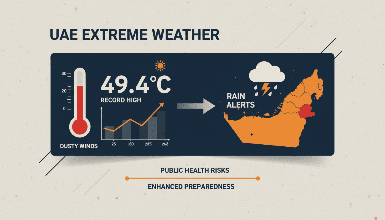 A dramatic image showing the extreme weather conditions in the UAE with high temperatures and rain alerts.