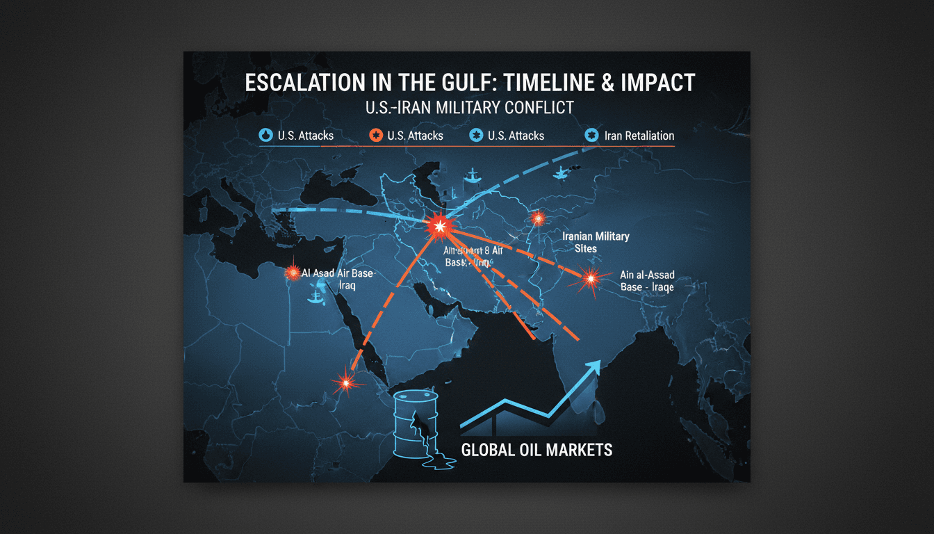 Map showing U.S. and Iranian military strike locations in the Gulf region.