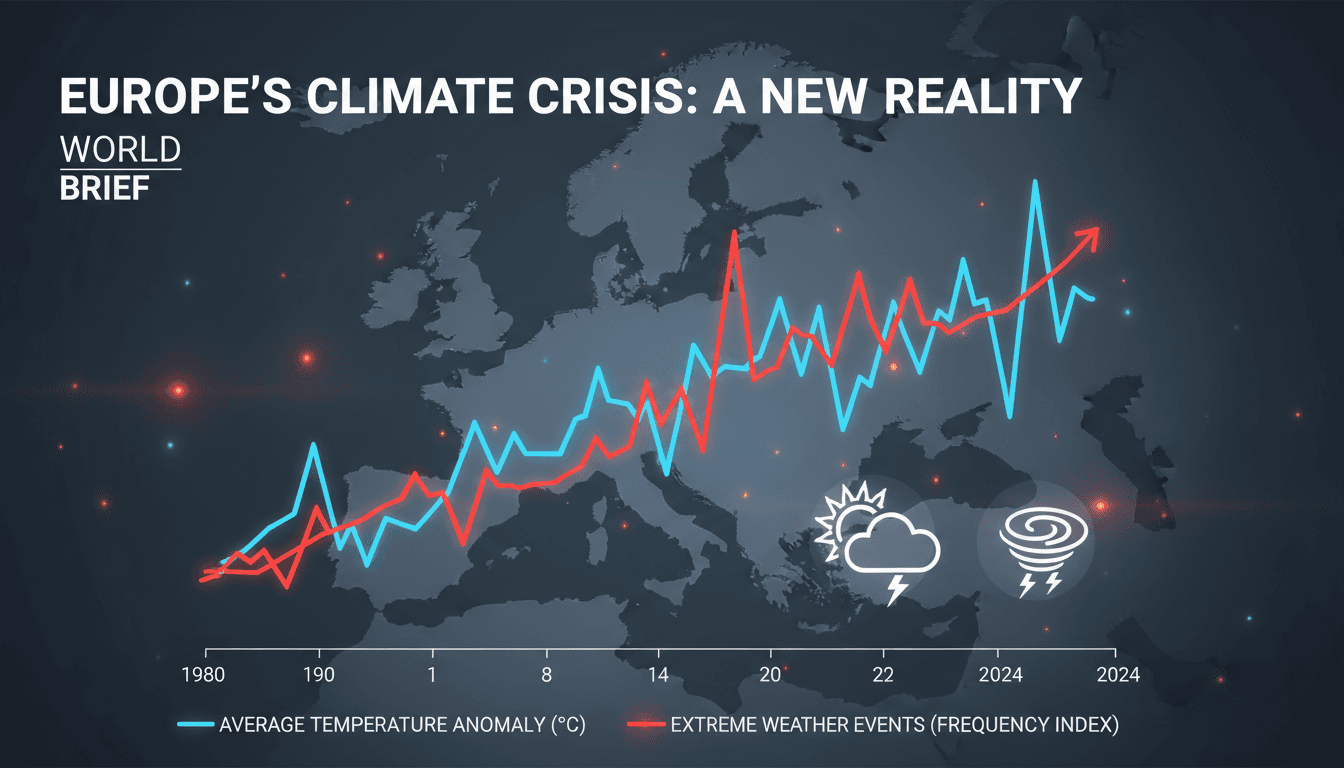A dramatic image of wildfires and thunderstorms in Europe during a heatwave.