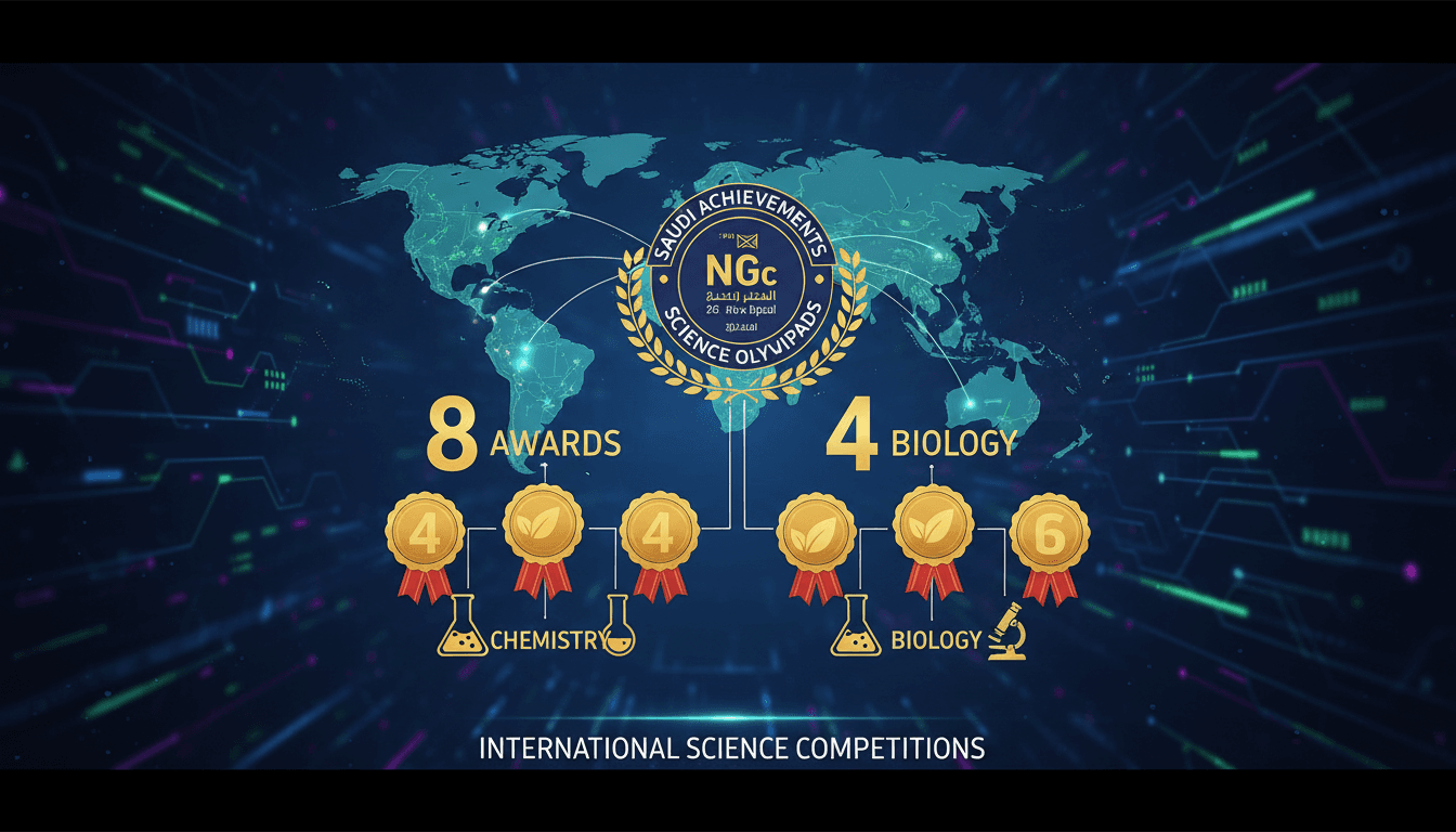 Saudi students celebrating their awards at international science competitions.