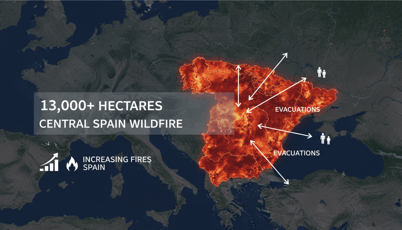 Aerial view of the wildfire in central Spain showing extensive damage.