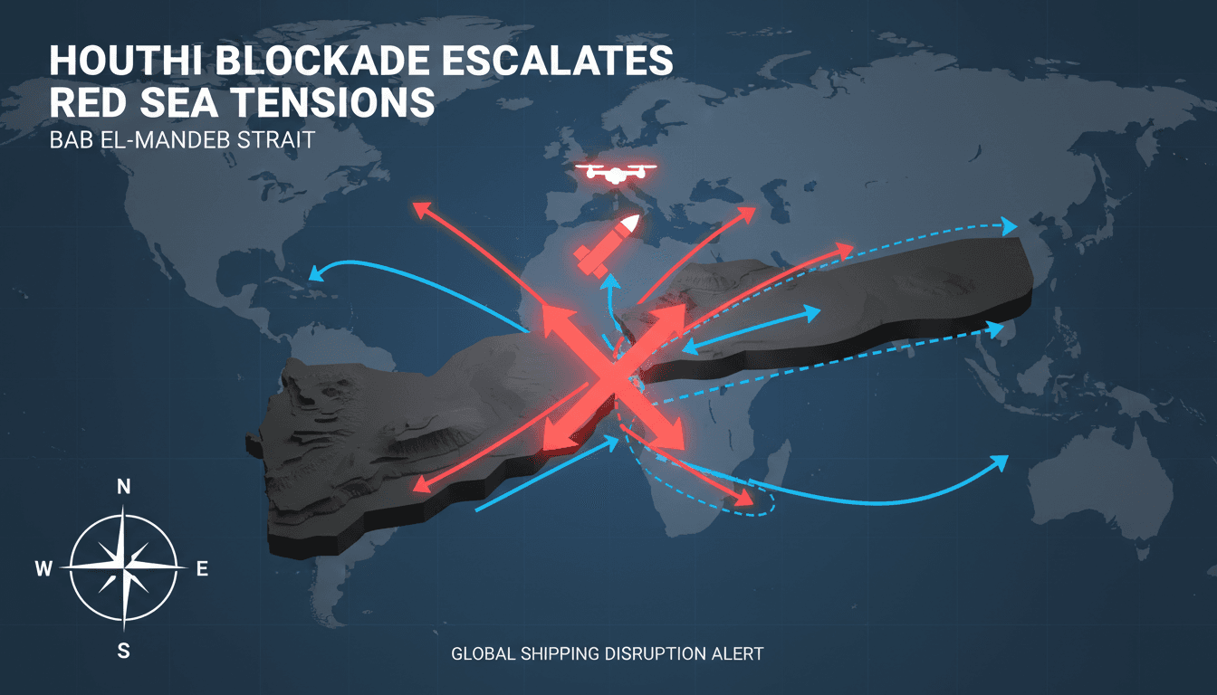 Map highlighting the Bab el-Mandeb Strait and shipping routes affected by Houthi threats.