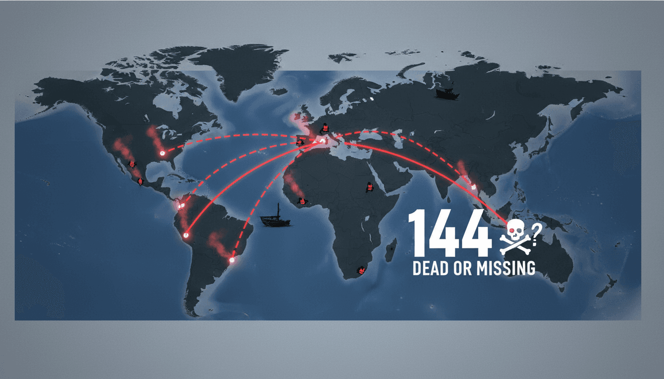 A somber image depicting the dangers of maritime migration from West Africa to Europe.