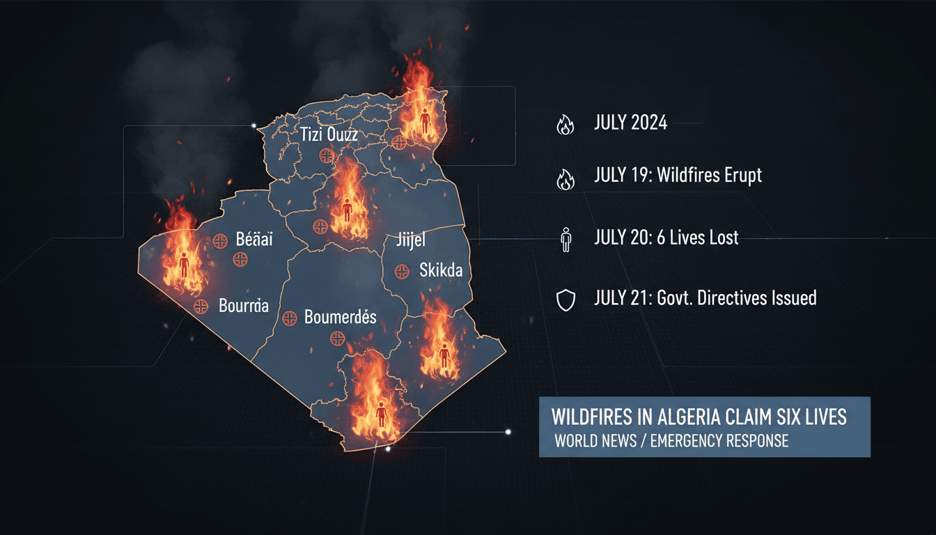 Aerial view of wildfires in Algeria with smoke and flames.