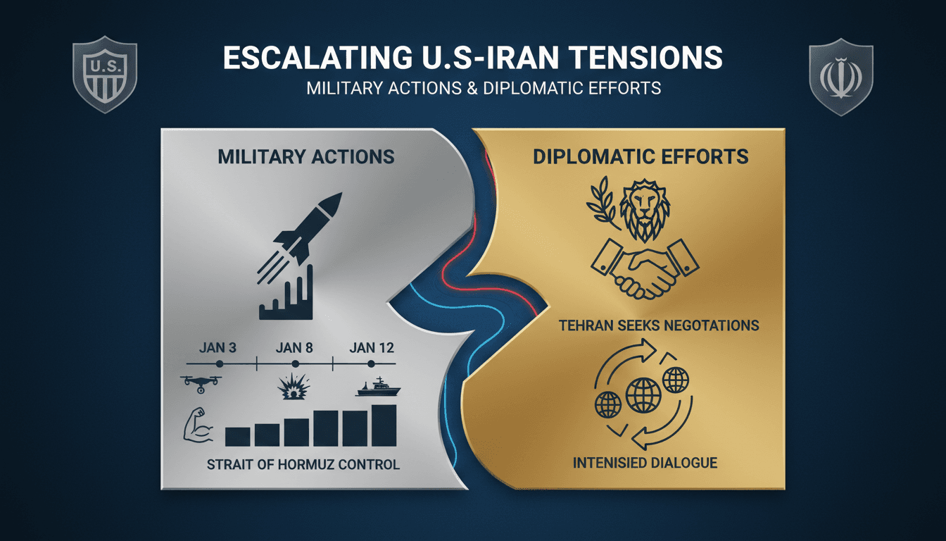 U.S. and Iran flags with military and diplomatic symbols