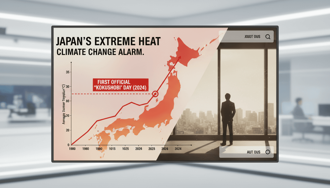A heatwave graphic illustrating Japan's rising temperatures and 'kokushobi' days.