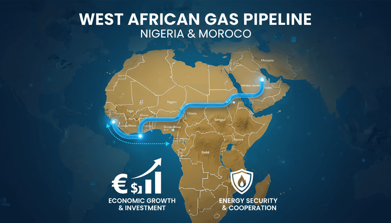 Map of the gas pipeline route connecting Nigeria and Morocco across West Africa.