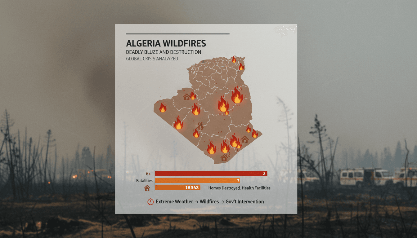 Aerial view of wildfire damage in Algeria, showing burned homes and affected areas.
