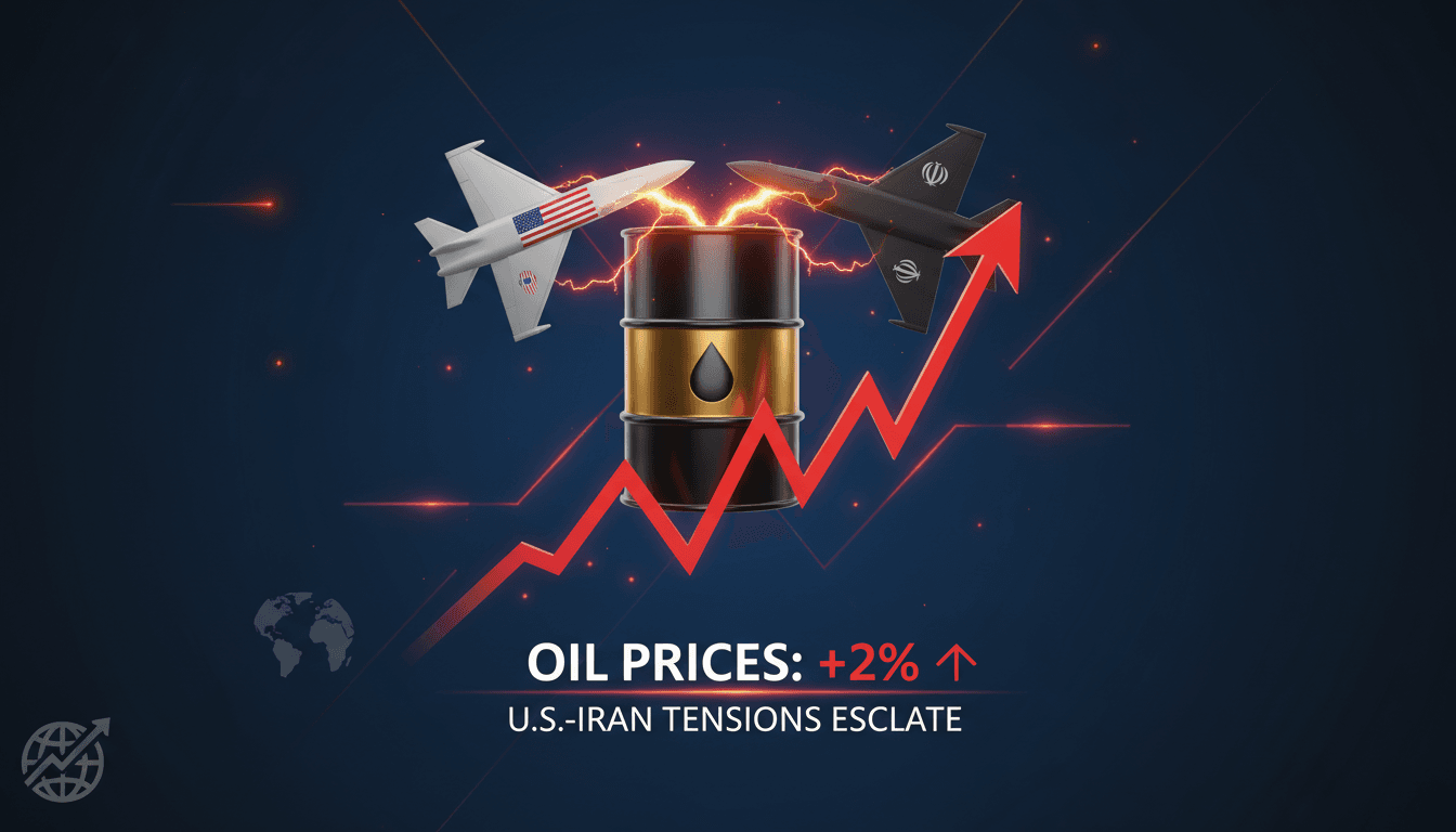 Oil prices increase due to geopolitical tensions between the U.S. and Iran.