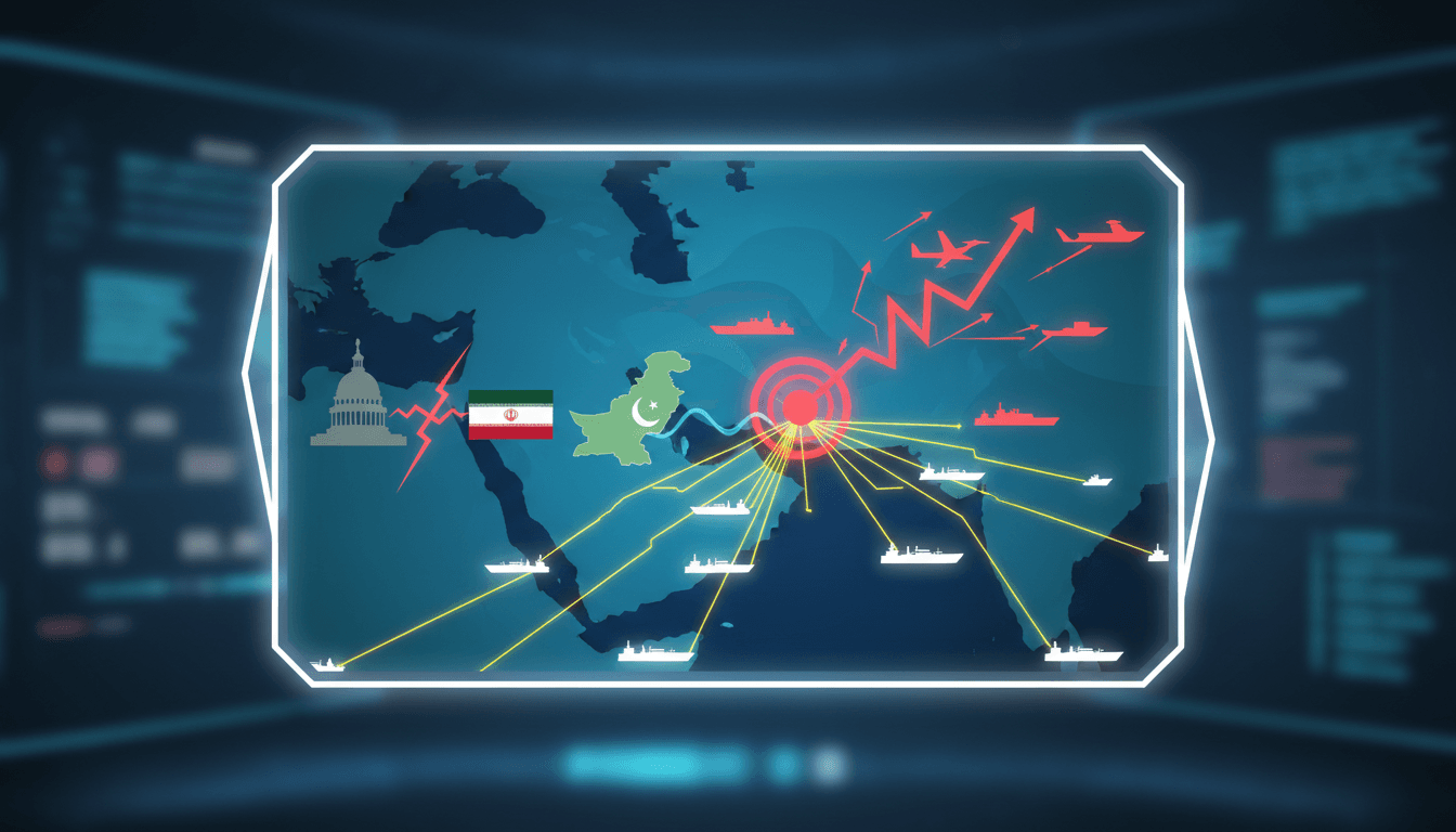 Map of the Strait of Hormuz highlighting military activity and shipping routes.