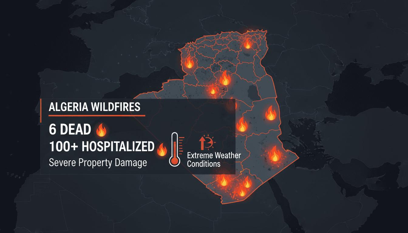 Aerial view of wildfire damage in Algeria with emergency response teams.