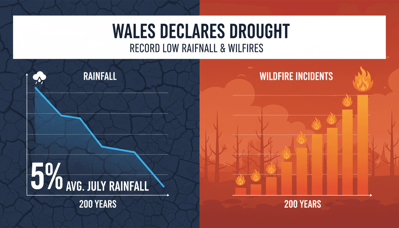 Aerial view of drought-affected areas in Wales with wildfires.