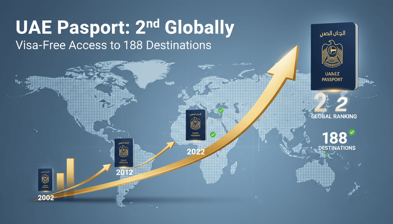UAE passport ranking infographic showing visa-free access to 188 destinations