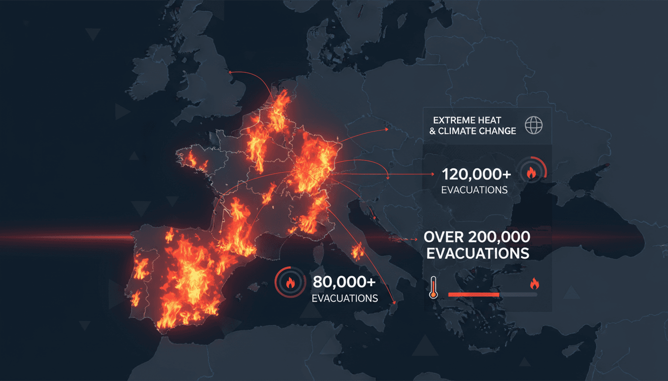 Wildfires raging in France and Spain with smoke and flames visible.