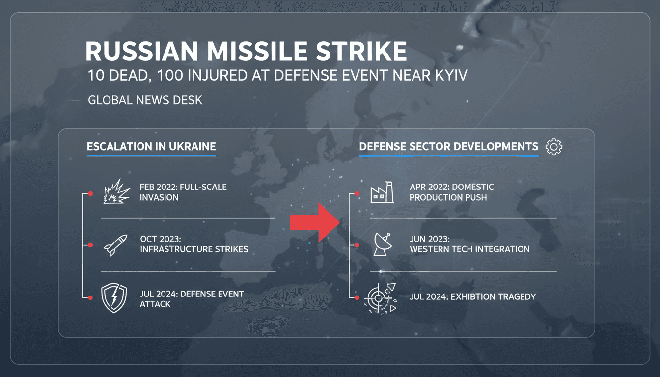 Scene of devastation from the missile strike on the defense exhibition near Kyiv.