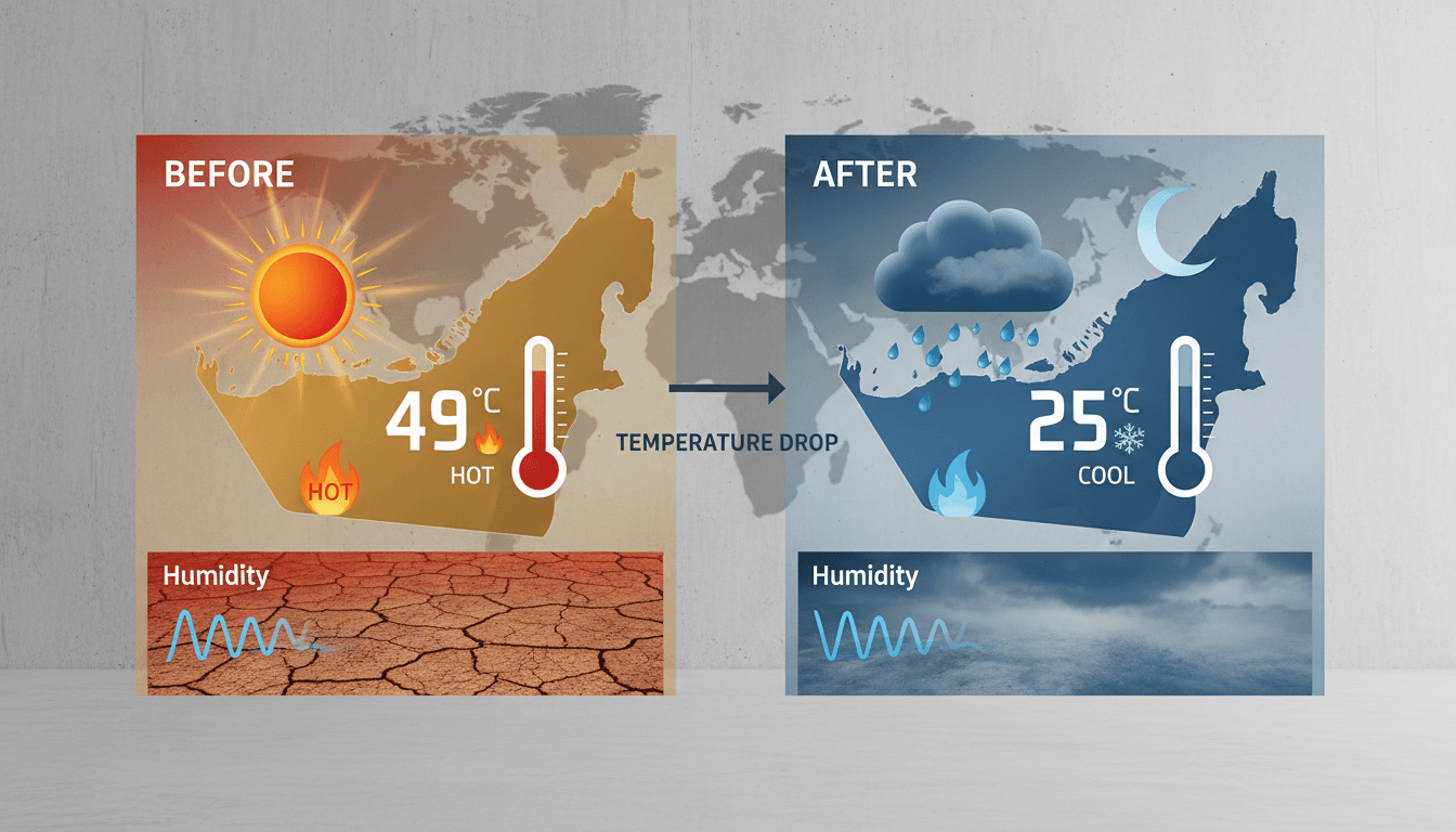 A weather forecast graphic showing cooler temperatures and rain in the UAE.
