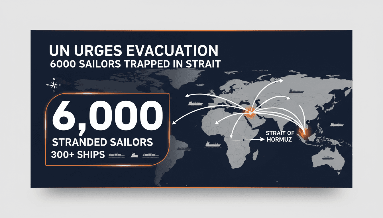 Map of the Strait of Hormuz highlighting the maritime crisis and stranded sailors.