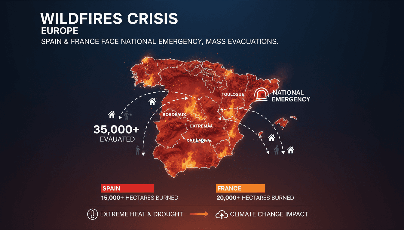 Firefighters battling wildfires in Spain and France with evacuations underway.