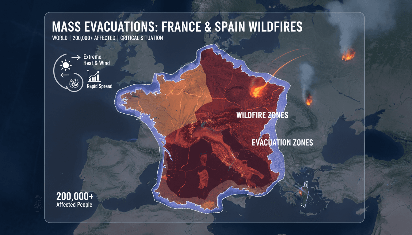 Evacuation scene during wildfires in France and Spain