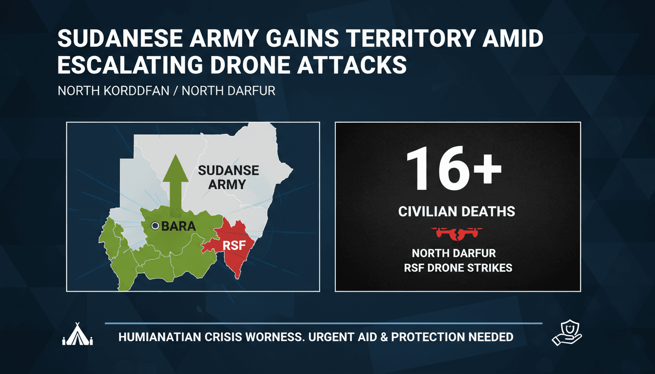 Map showing territorial changes in North Kordofan and civilian impact from RSF drone strikes.