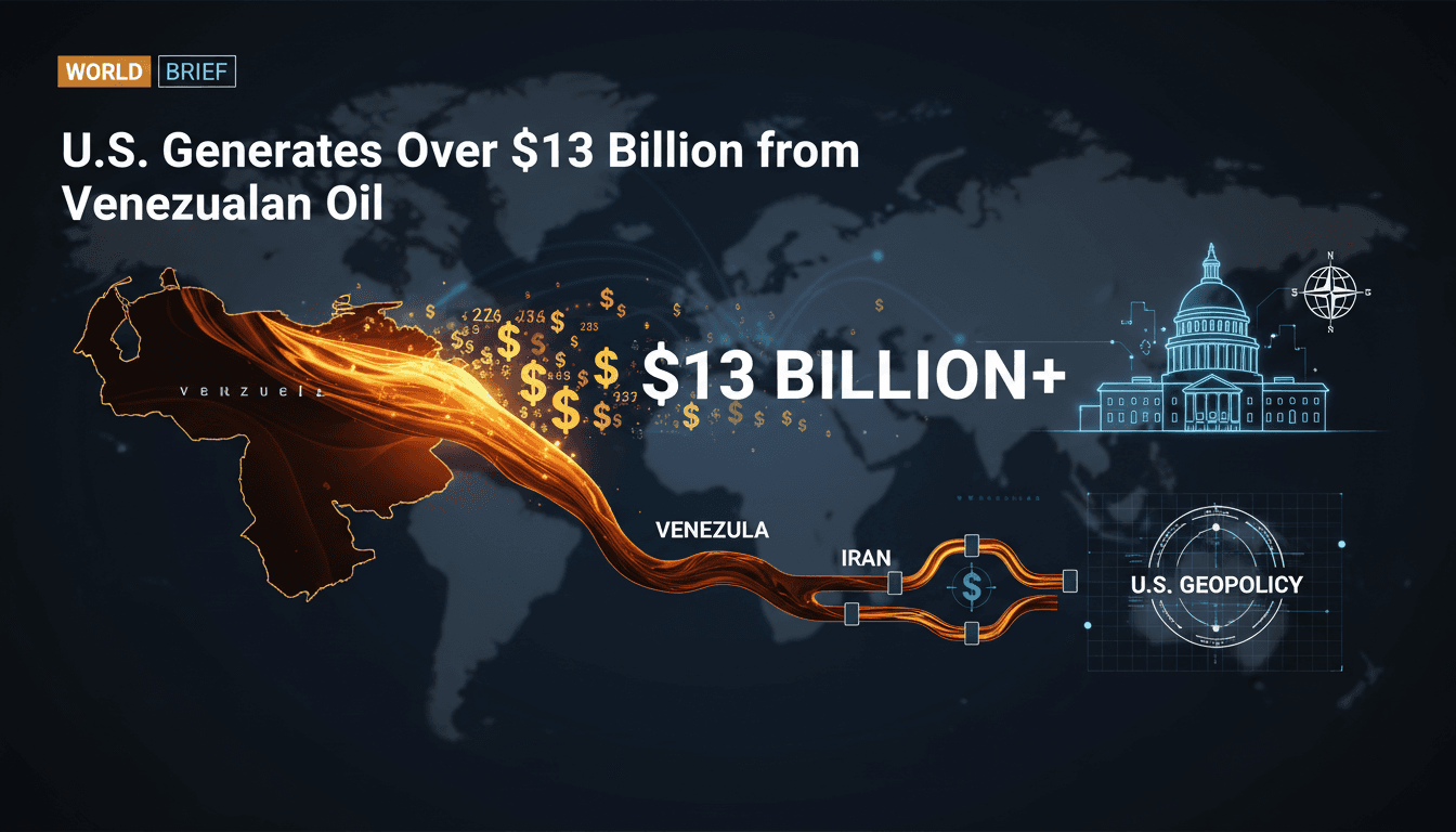 U.S. flag with oil barrels symbolizing revenue from Venezuelan oil sales