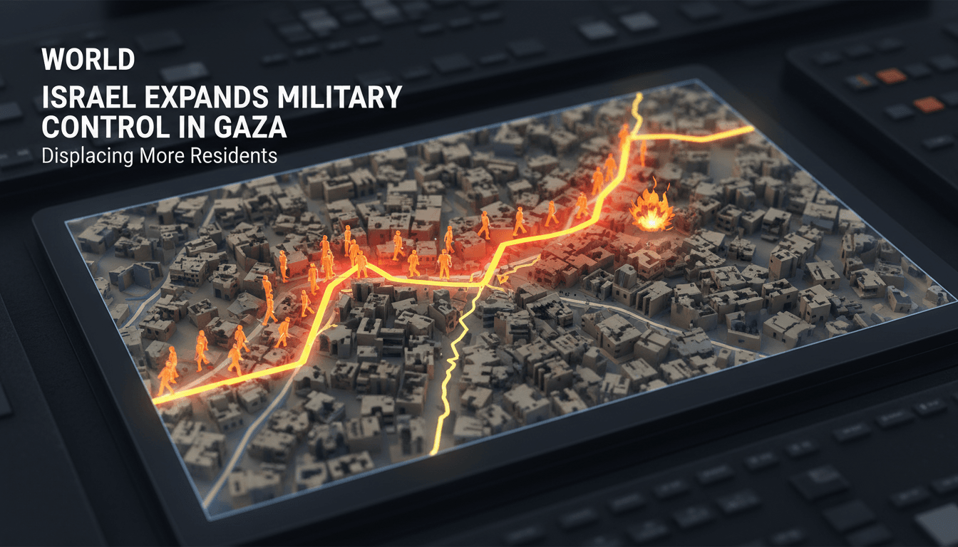Map showing the expansion of Israel's military control in Gaza and its impact on residential areas.