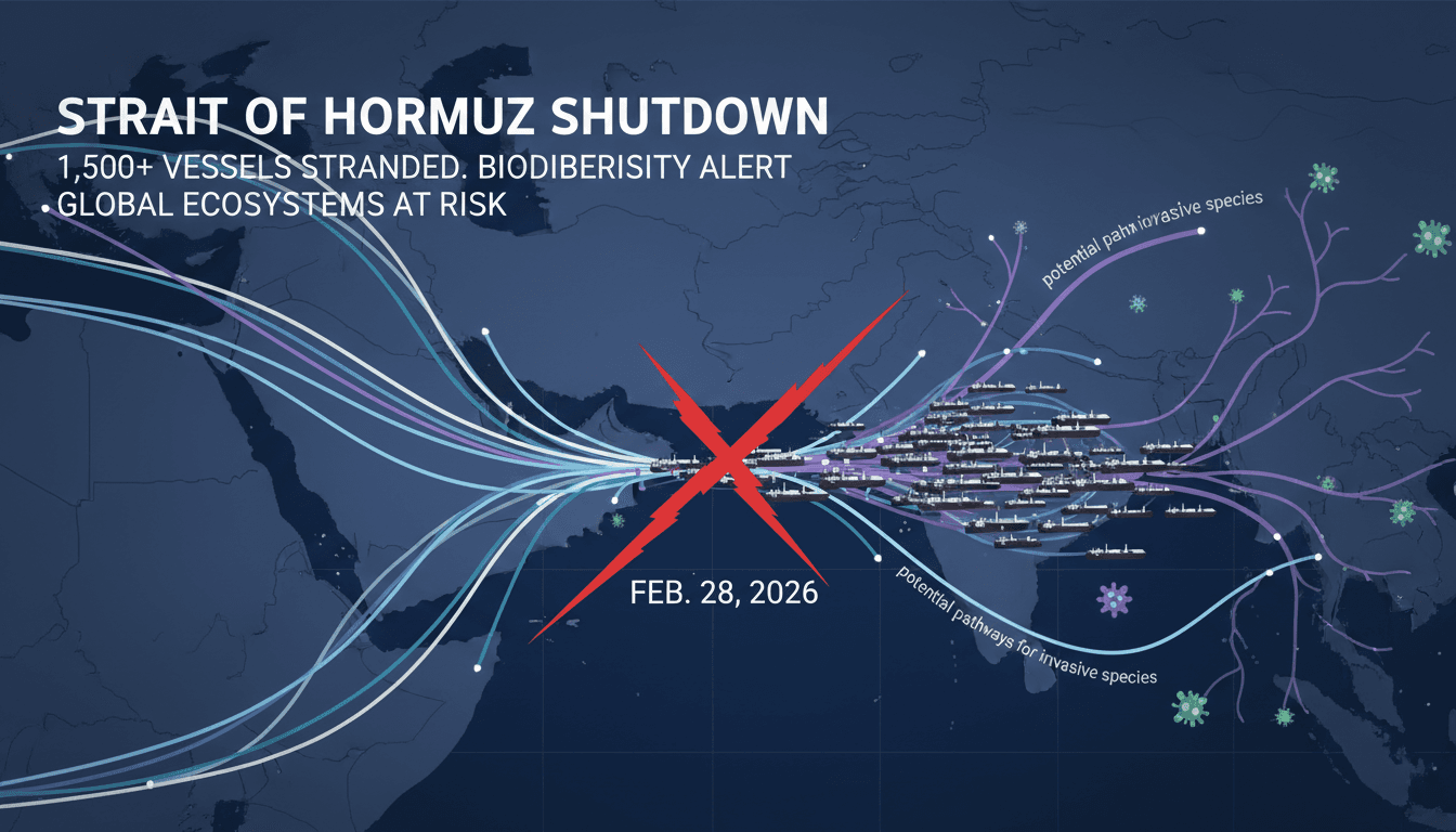 Map showing the closure of the Strait of Hormuz and stranded vessels.