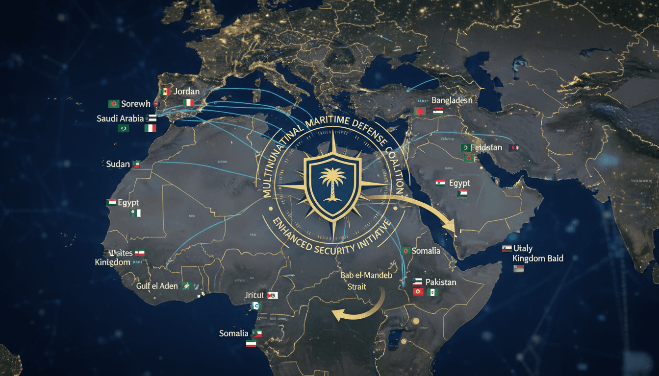 Map highlighting the Bab el-Mandeb Strait and Gulf of Aden with coalition member countries.
