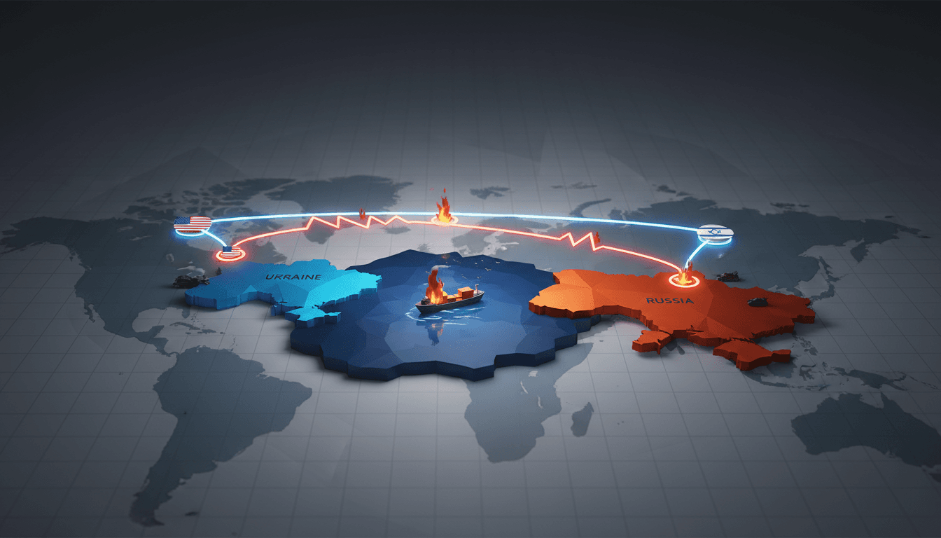 Map illustrating the geopolitical tensions between Ukraine, Iran, and Russia.