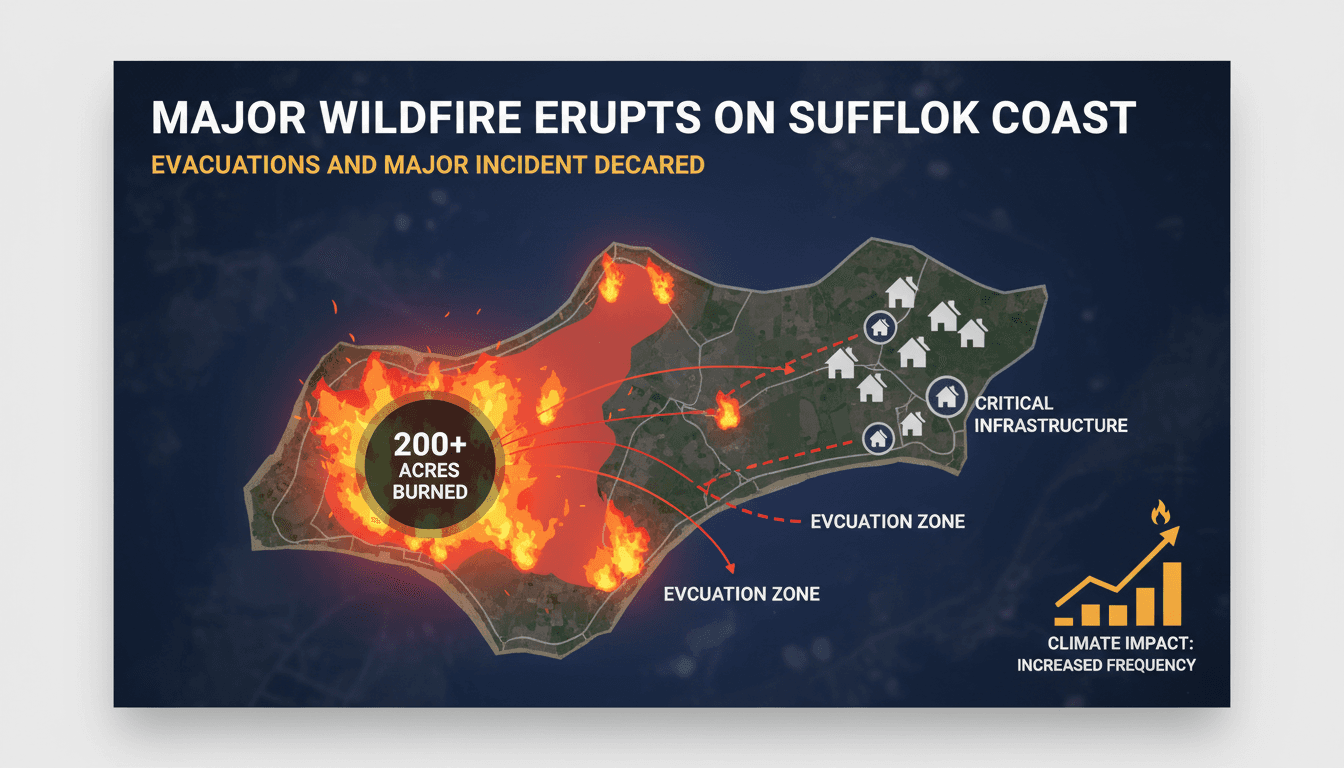 Firefighters battling a large wildfire on the Suffolk coast