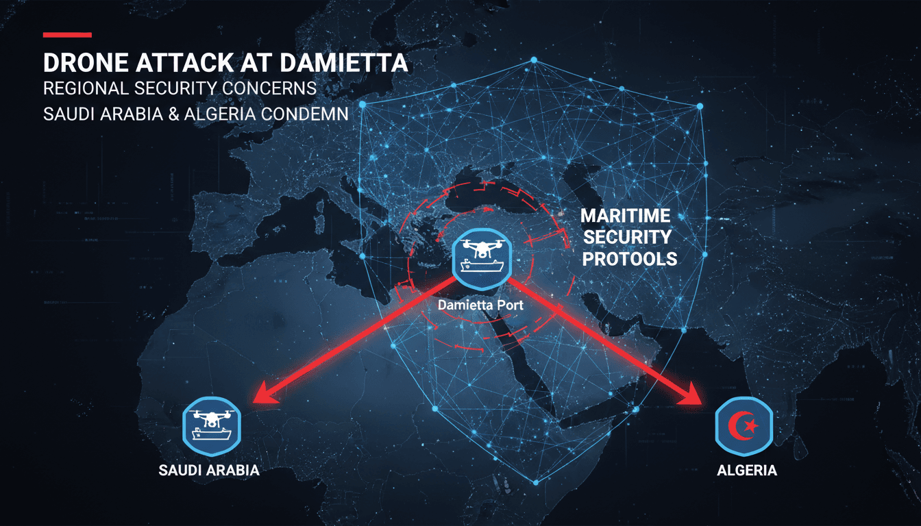 Aerial view of Damietta port with ships and security concerns highlighted.