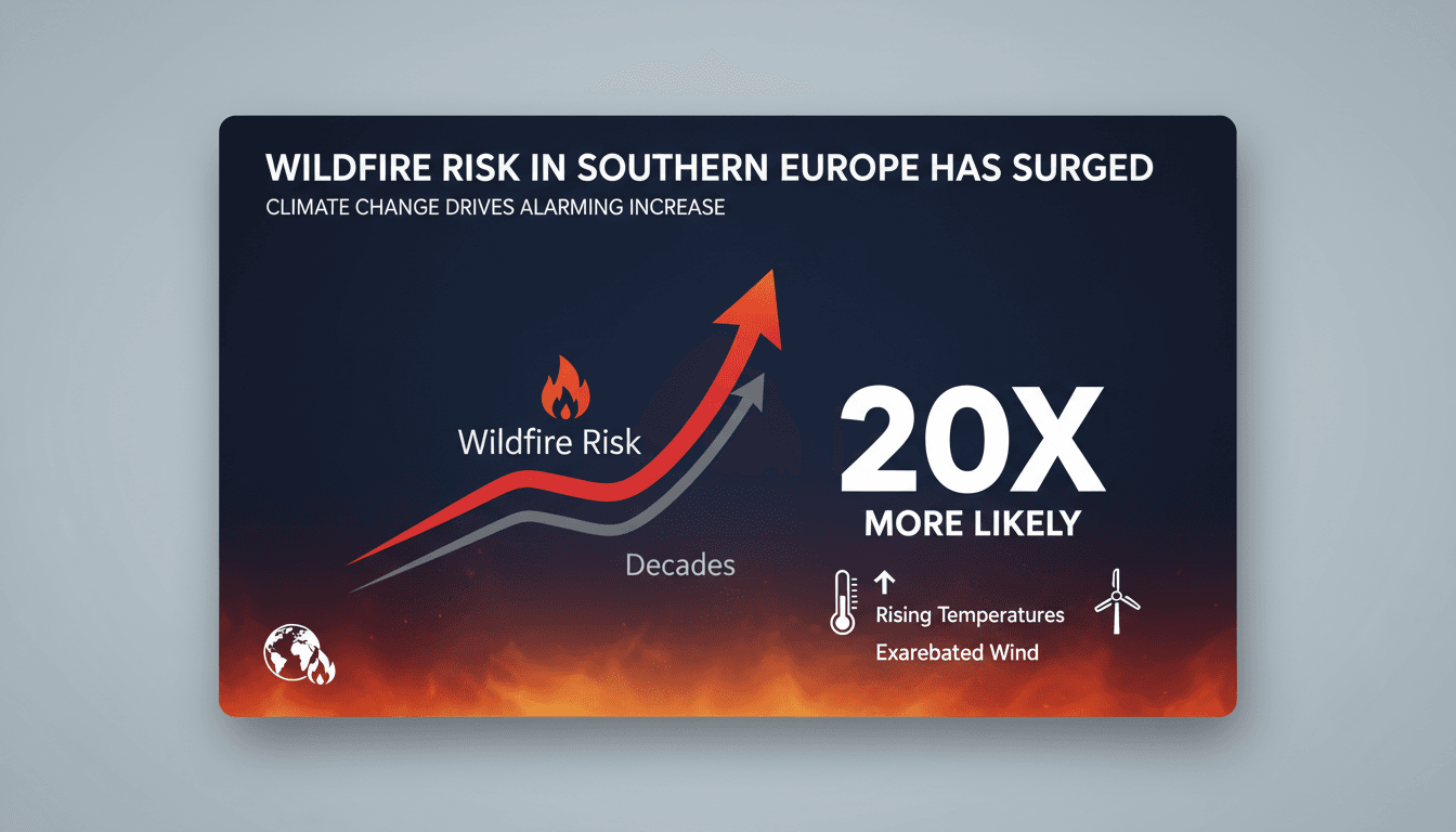 A dramatic landscape of a wildfire in southern Europe with smoke and flames.