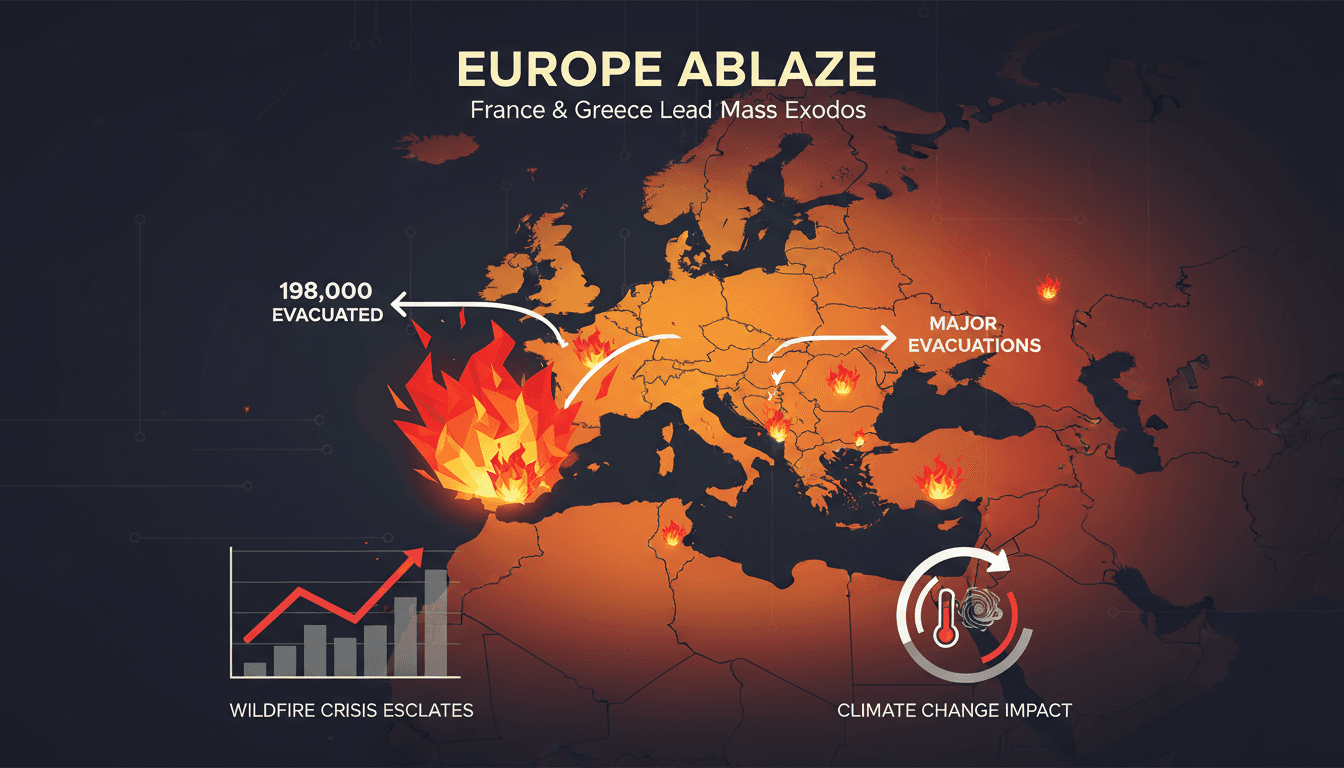 Firefighters battling wildfires in Europe amidst evacuations.
