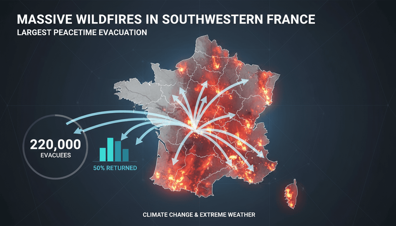 Firefighters battling wildfires in southwestern France with smoke and flames in the background.