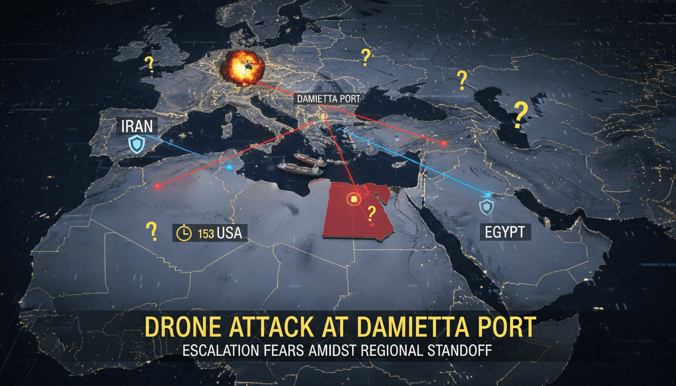 Aerial view of Damietta Port with ships and security concerns highlighted.
