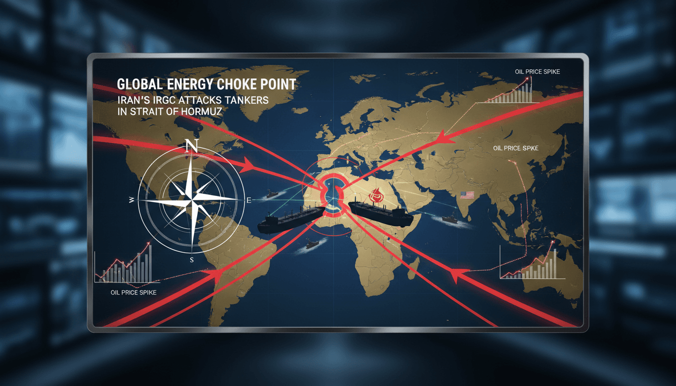 Iranian IRGC attacks oil tankers in the Strait of Hormuz under U.S. military escort.