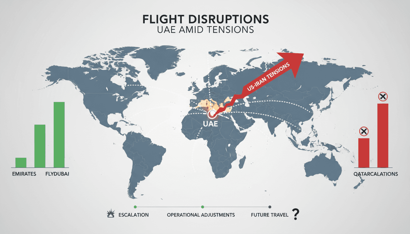 Illustration of disrupted flight operations from the UAE due to geopolitical tensions.