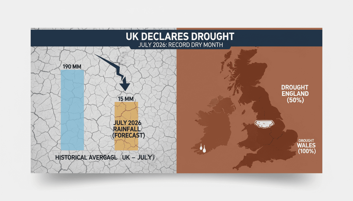Aerial view of parched land in the UK during the drought of July 2026.