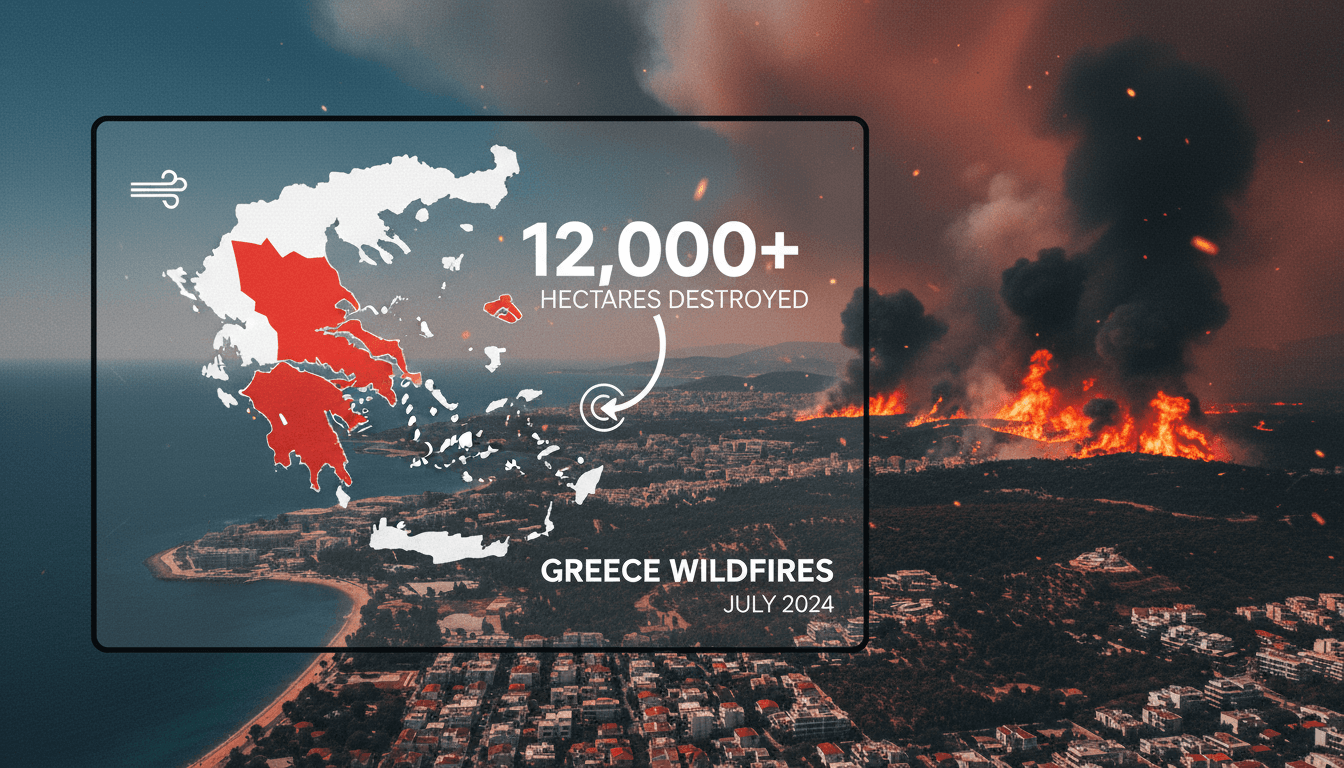 Aerial view of wildfires raging near Athens, Greece.