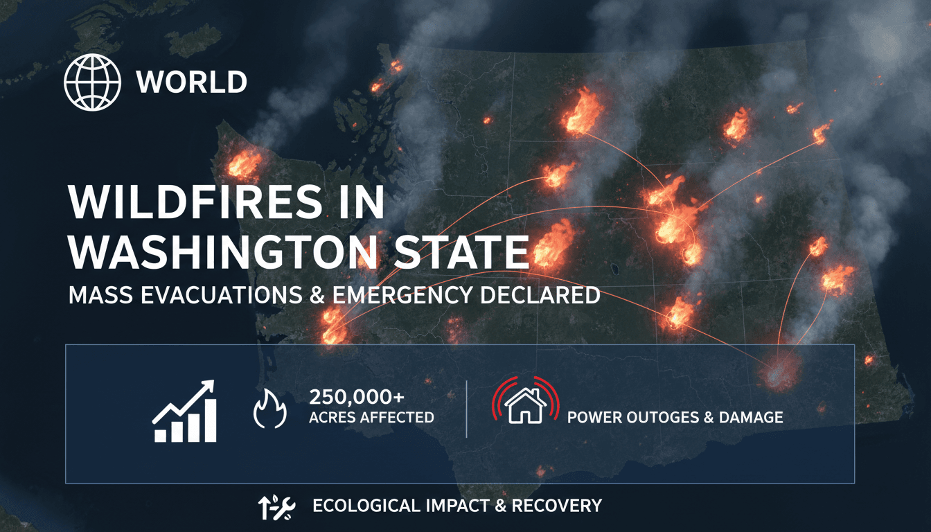 Wildfires raging in Washington State, prompting evacuations and emergency responses.